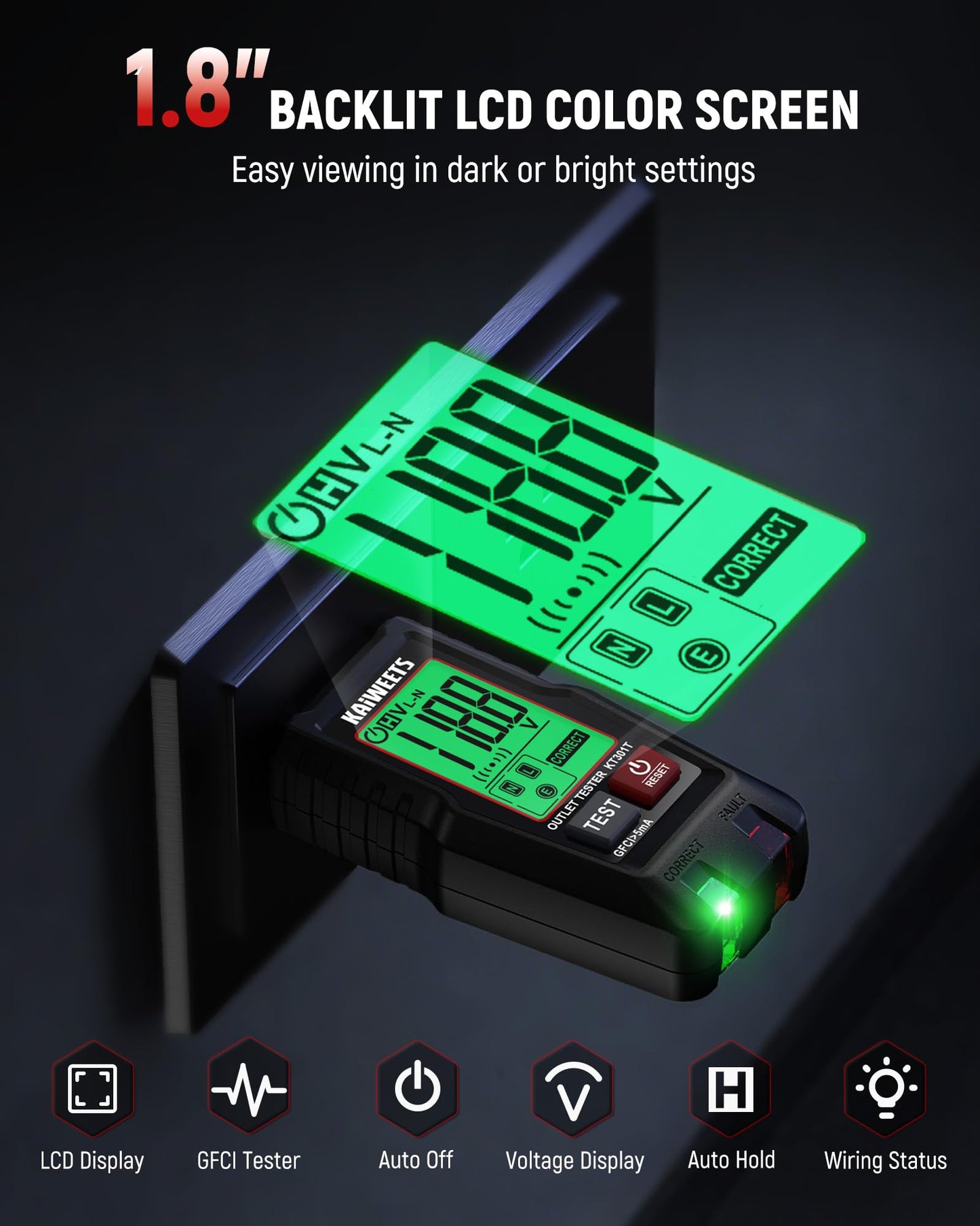 KAIWEETS GFCI Outlet Tester with LCD Display, 3-Prong Receptacle Wiring Detector, Voltage Socket Checker, Auto Hold, Electrical Diagnostic Tool for 120V AC Home Outlets