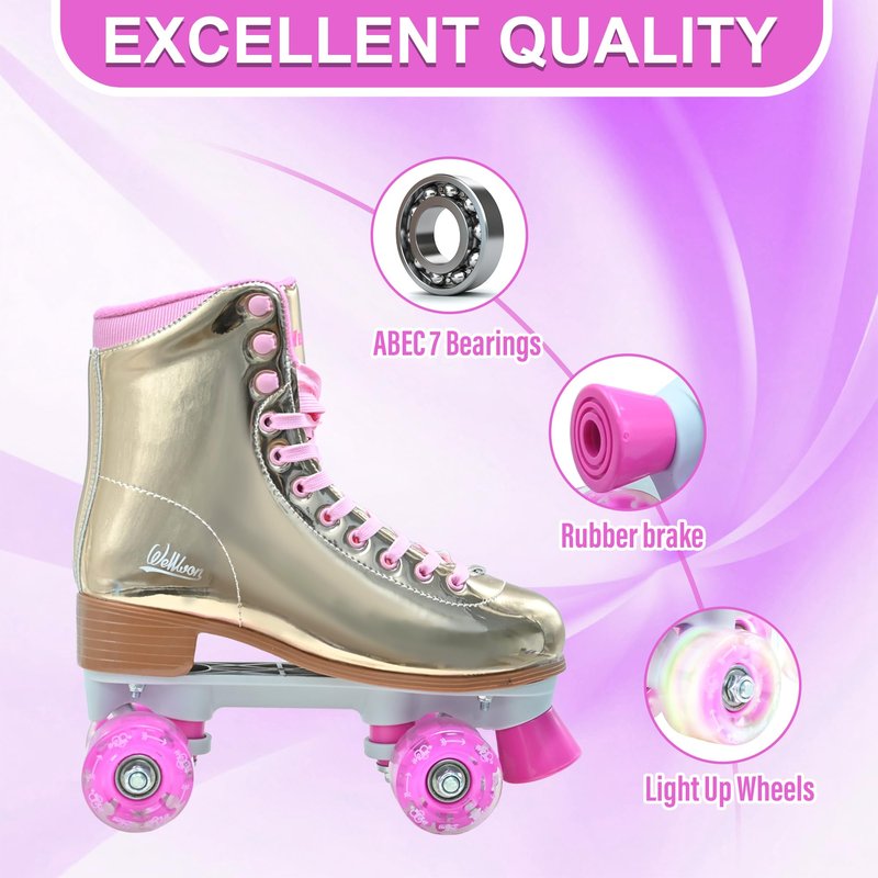 Roller Skate for Women, High-Top PU Leather Quad Skates Size 11 for Beginner, Laser Shiny Gold Double-Row Rollerskates for Girls Ages 8-50 Outdoor and Indoor