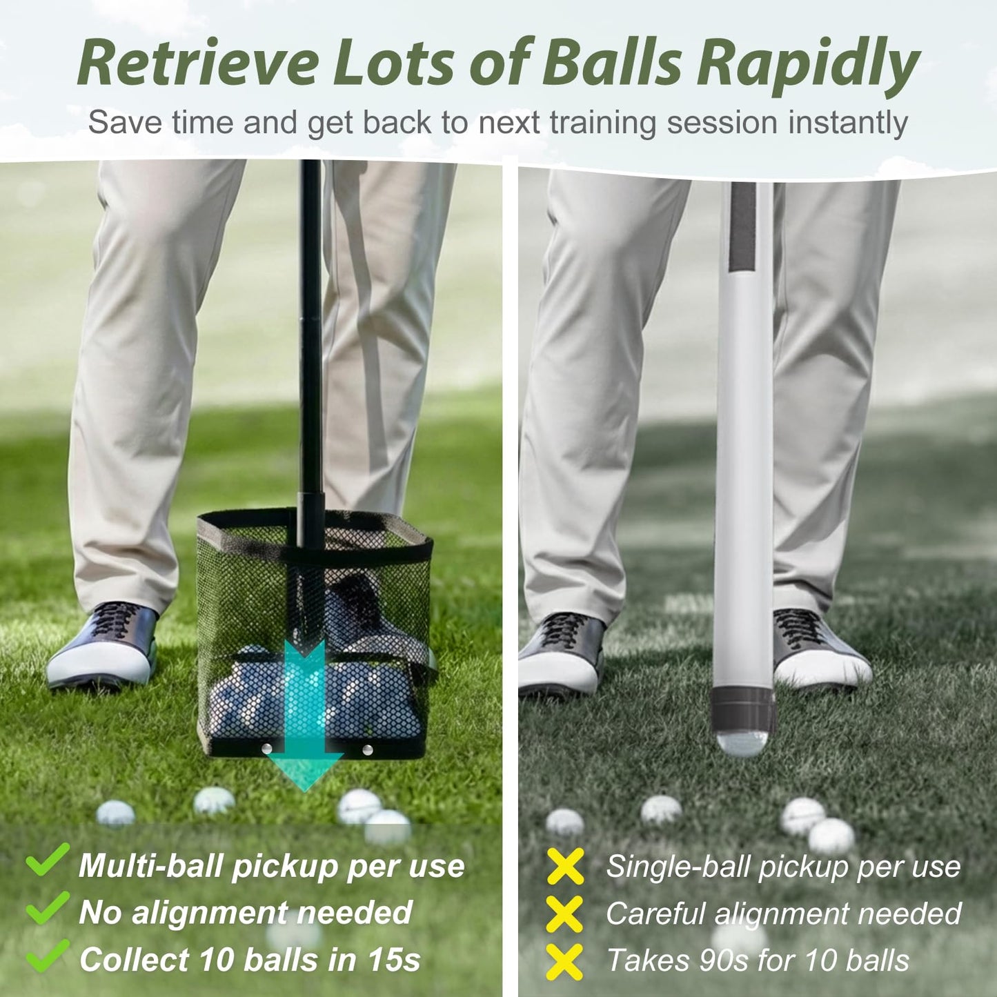 SAPLIZE Golf Ball Picker Upper, Turf-Friendly Design, No Bending Over, Quickly Collects Multiple Balls, Large-Capacity Ball Holder, Great for Backyard Practice & Training Matte Black