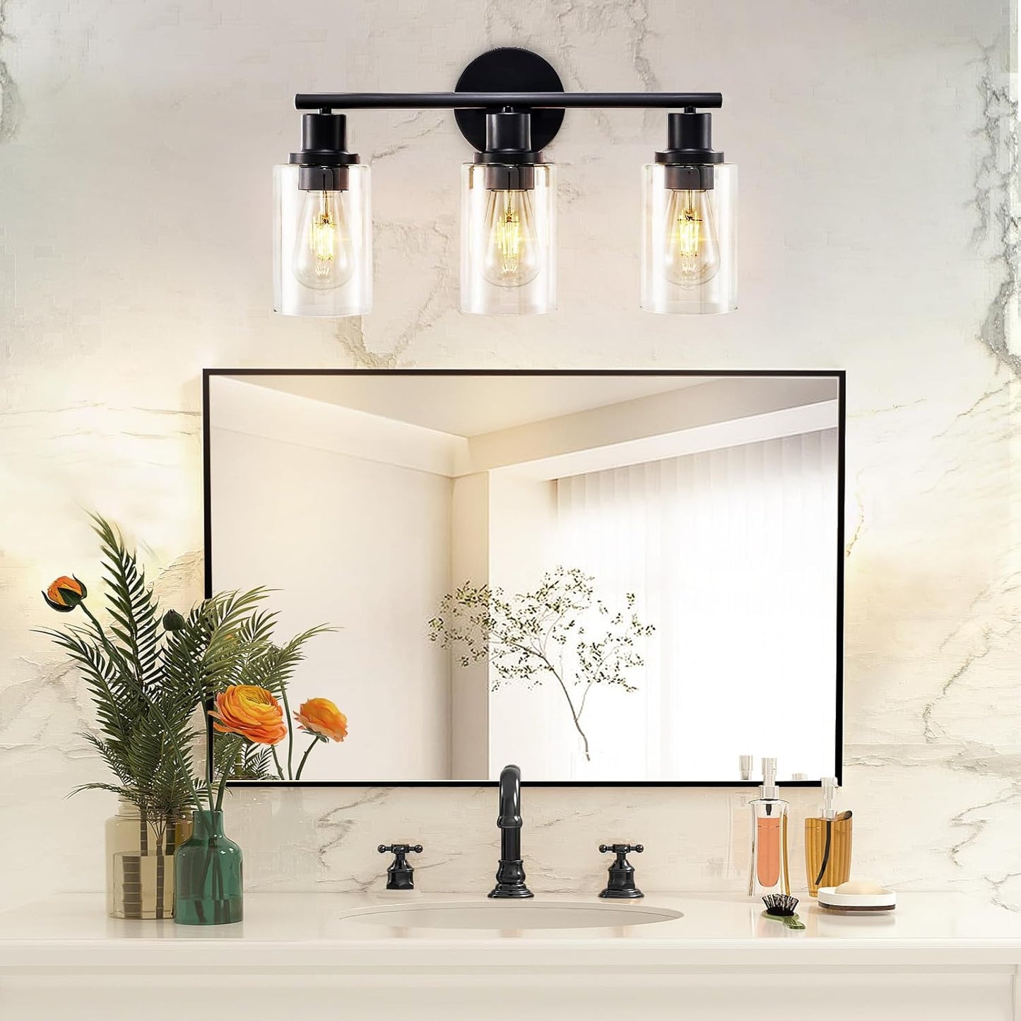 Modern Black 3-Light Bathroom Vanity Light Fixtures with Clear Glass Shades - 2 Pack