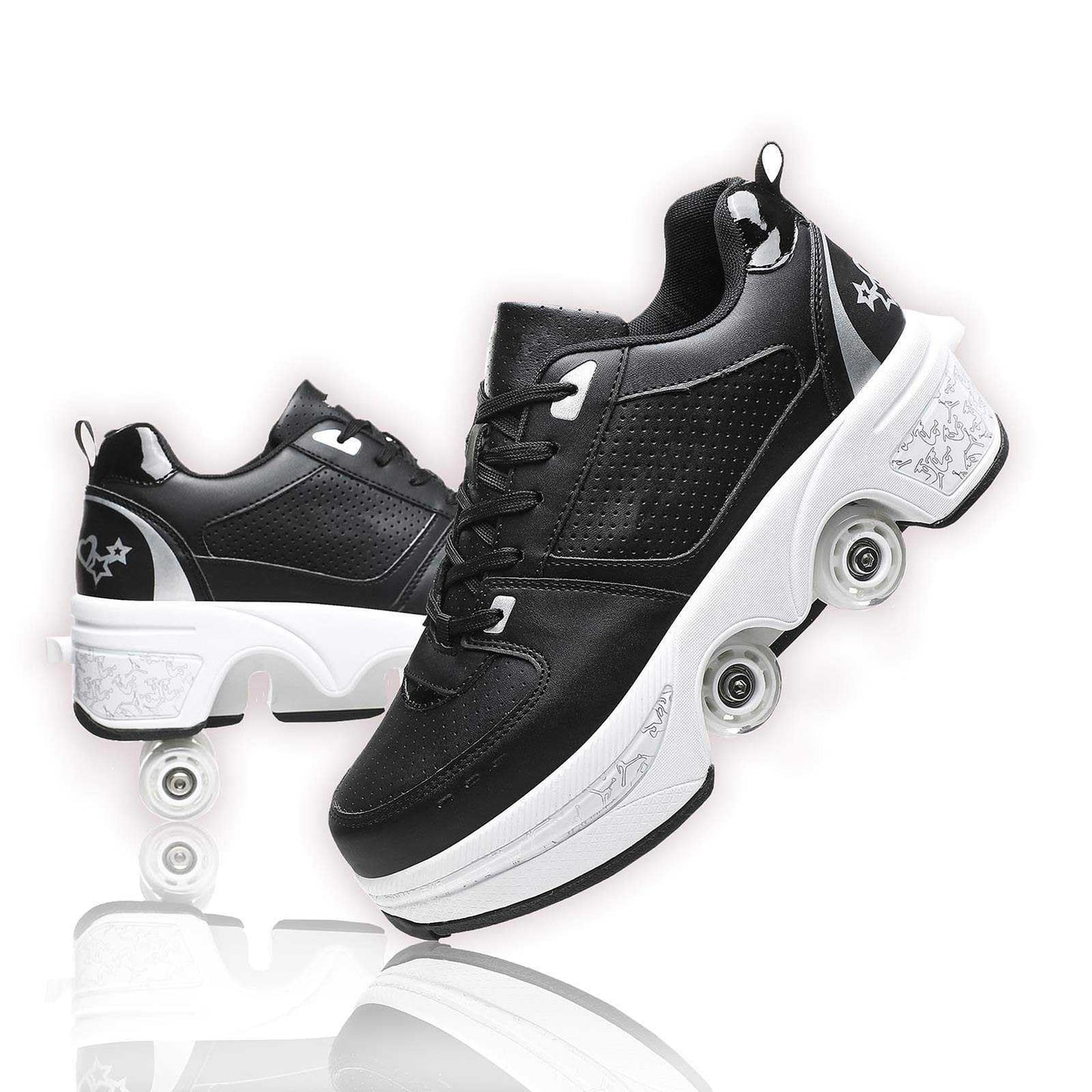UonrvaoN Roller Skate Shoes for Men, Double-Row Deform Wheel Automatic Walking Shoes, Retractable Roller Skate, Shoes with Wheels, Skating Shoes for Outdoor Fun & Fitness Black Silver, 6.5