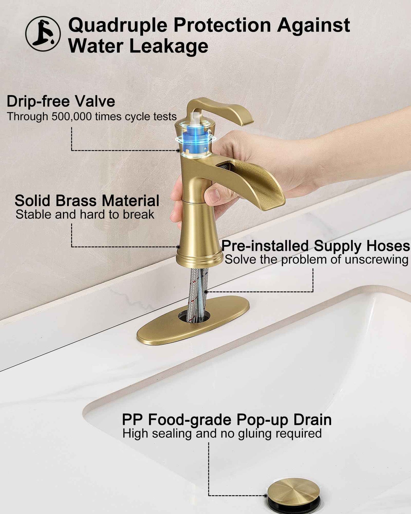 HEYMYTAP Brushed Gold Faucets for Bathroom Vanity Faucet 1 Hole, Brass 4 Inch Waterfall Bathroom Sink Faucet 3 Hole, Single Handle Bathroom Faucet with Deck Plate, Pop-up Drain and Supply Hoses