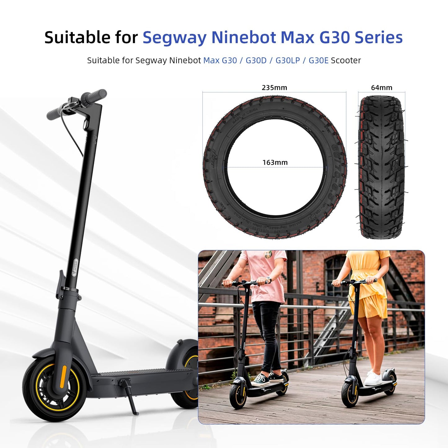 ulip (2 Pack) 60/70-6.5 Tubeless Tire with Valve with Built-in Live Glue Repairable for Segway Ninebot Max G30 G30D G30LP G30E Scooters 10 inch Self Repairing Non-Slip Tire