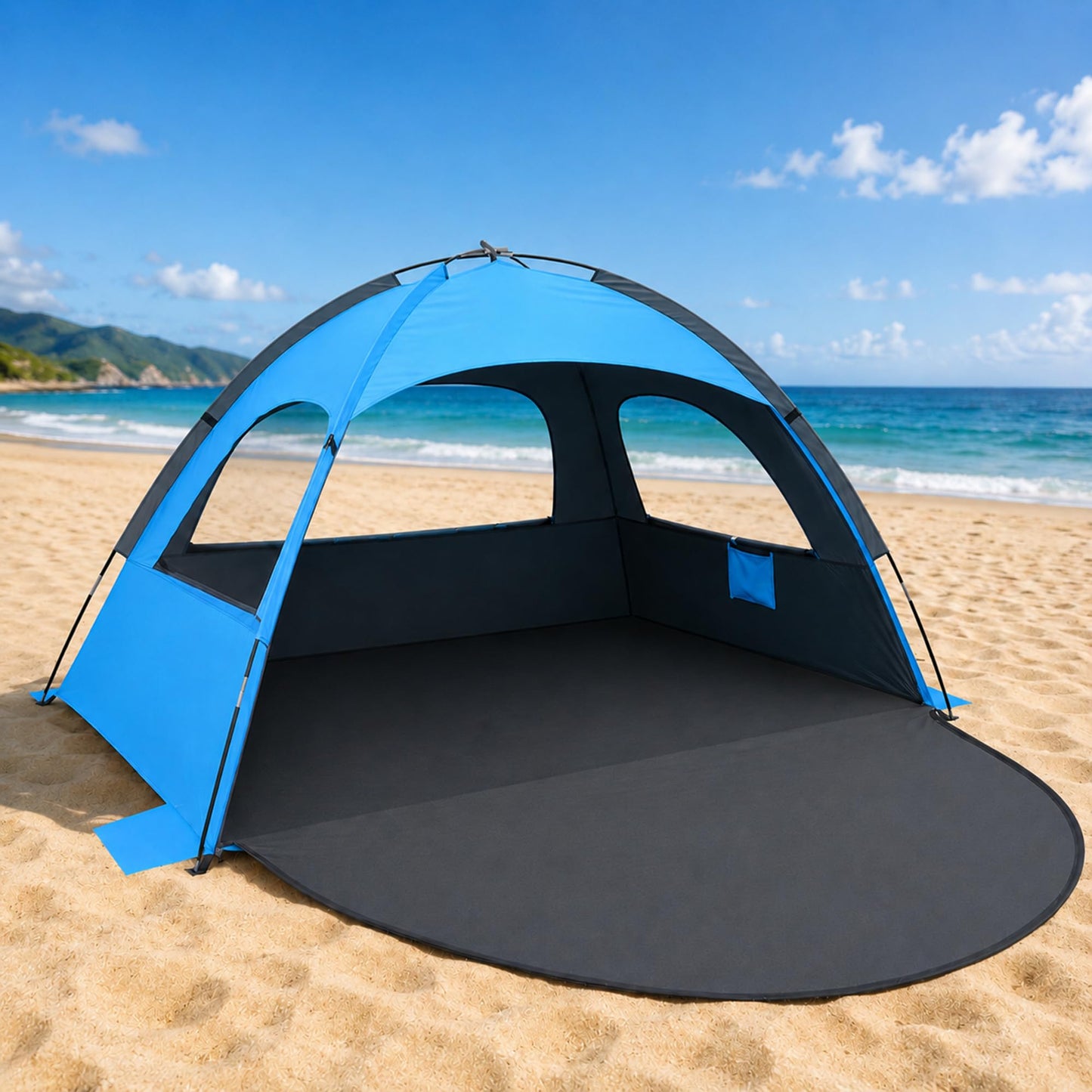 NXONE Beach Tent Sun Shade Shelter for 2-3 Person with UV Protection, Extended Floor, 3 Mesh Roll Up Windows & 8.0mm Fiberglass Rods丨Carry Bag Included (Dark Shelter-Ocean Blue)