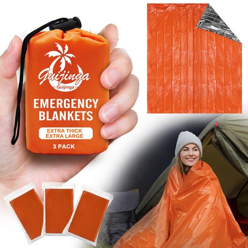 Guijinga 3-Pack Emergency Blanket, Extra-Thick Extra-Large Survival Blanket, Thermal Reflective Emergency Thermal Blanket for Outdoor Adventures, for Camping, Hiking, and Car Emergencies