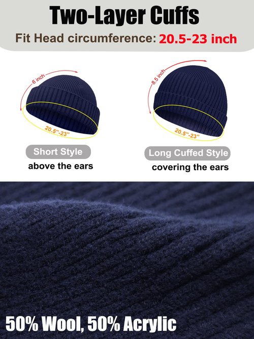 choshion Wool Short Fisherman Beanie for Men Women, Double Cuffed Knit Skull Caps Trawler Beanies Watch Cap Warm Winter Hats, Navy Blue