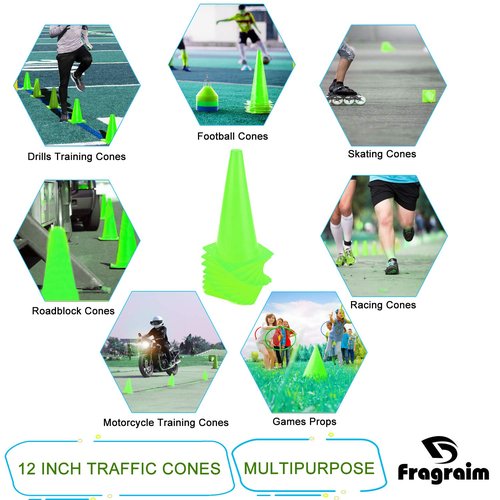 Fragraim 12 Inch 12 Pack Green Traffic Training Cones, Plastic Safety Parking Cones, Agility Field Marker Cones for Soccer Basketball Football Drills Training, Outdoor Sport Activity & Festive Events