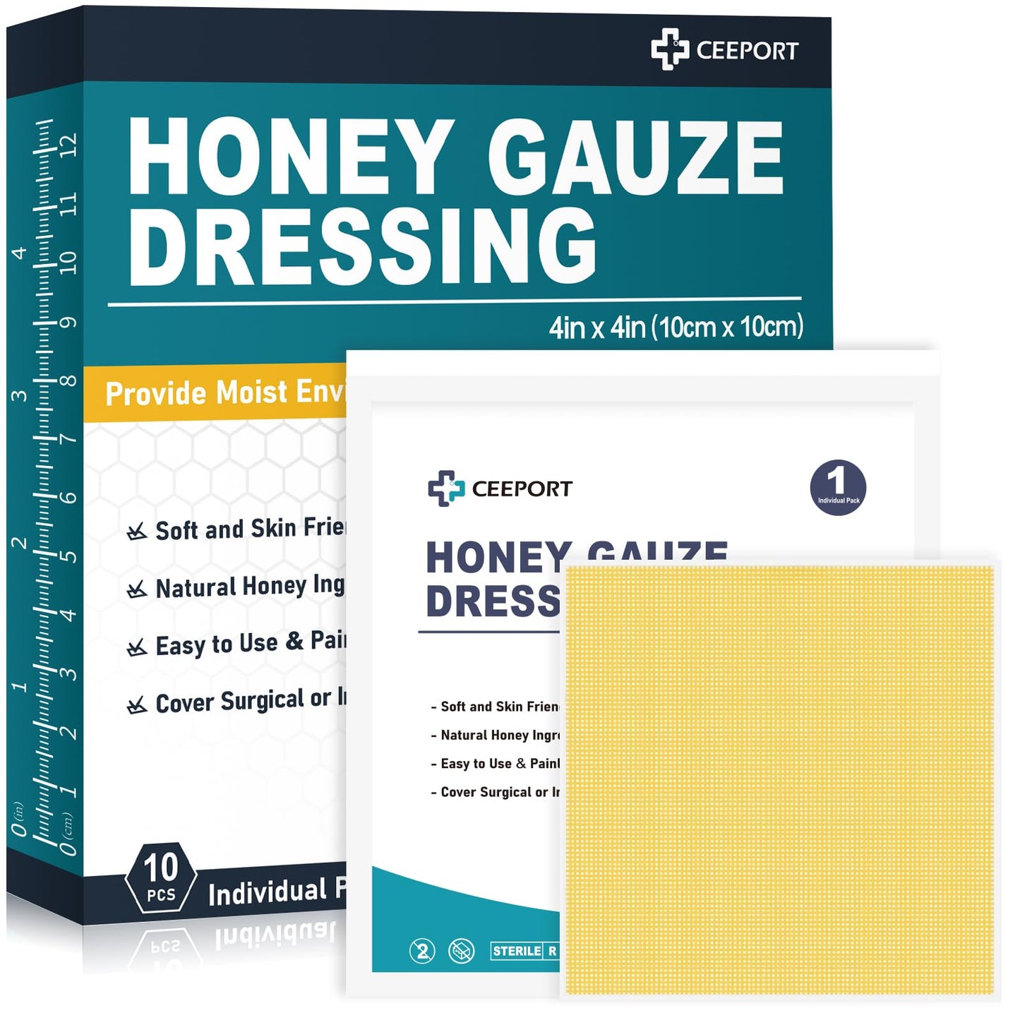 Ceeport Honey Gauze Wound Dressing, 4" x 4" Manuka Honey Wound Care, Medical Grade Honey Bandages for Wound Care, Honey Patch for Burns, Abrasions, Cuts and Scalds (Pack of 10)
