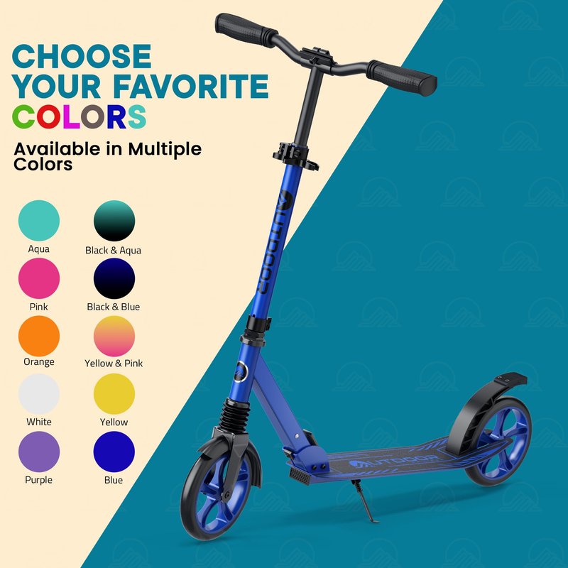 Outdoor Cruiser Kick Scooter for Ages 6+, for Kids, Teens, and Adults, Max Load 250 LBS, Foldable, 8-inch Wheels for Kids and Adults, Dual Suspension, 3 Adjustable Levels, Child Safety Approved, Blue