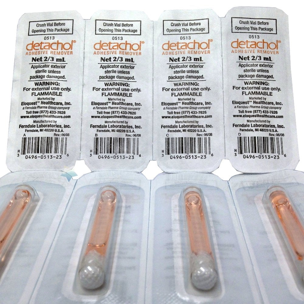 Detachol Adhesive Remover – Safe, Easy Removal of Medical Adhesives, Bandages & Skin Tape – Alcohol and Acetone Free – Gentle on Sensitive Skin - 2/3 ml Vial - 4 Pack.
