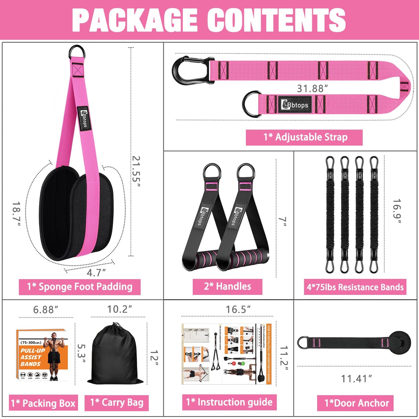 Pull Up Assistance Bands,Up to 300 lbs Assistance,Adjustable Heavy Duty 4 Pull Up Bands with Handle and Door Anchor for Home Gym Fitness Exercise Strength Training Workout Equipment Pink