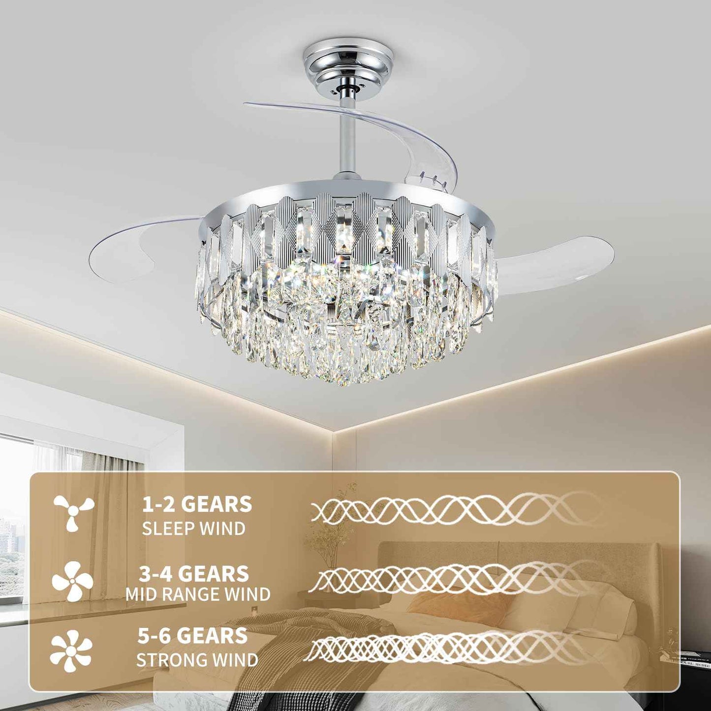 illus illumination 36in Fandelier Ceiling Fans with Light, Modern Crystal Chandelier Ceiling Fans, Remote & APP Control, Retractable Reversible 3 CCT LED Dimmable for Living Room Bedroom (Silver)