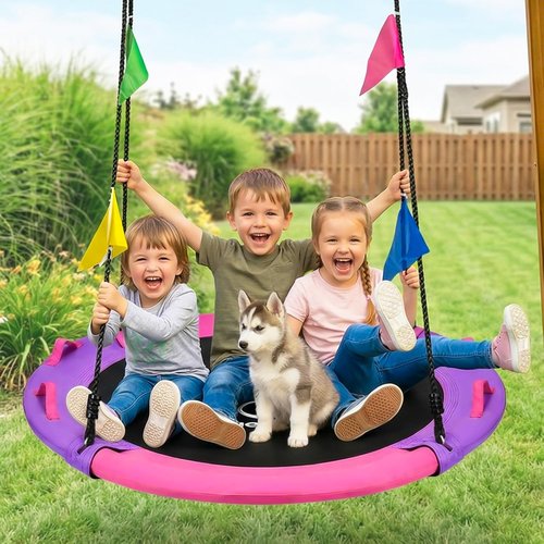 HeyZoo 43-Inch Saucer Swing - 900lbs Weight Capacity for Kids & Adults | 360° Swivel, Adjustable Strap, Pink & Purple