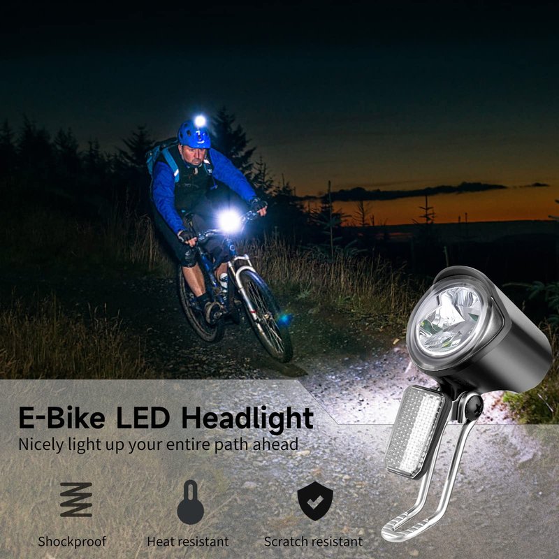 Yeesport E-Bike LED Headlight, Waterproof, Black, Front, 2 Settings, IPX5, Wired, Mountain Bike Light, Adjustable Headlamp for Cycling Safety