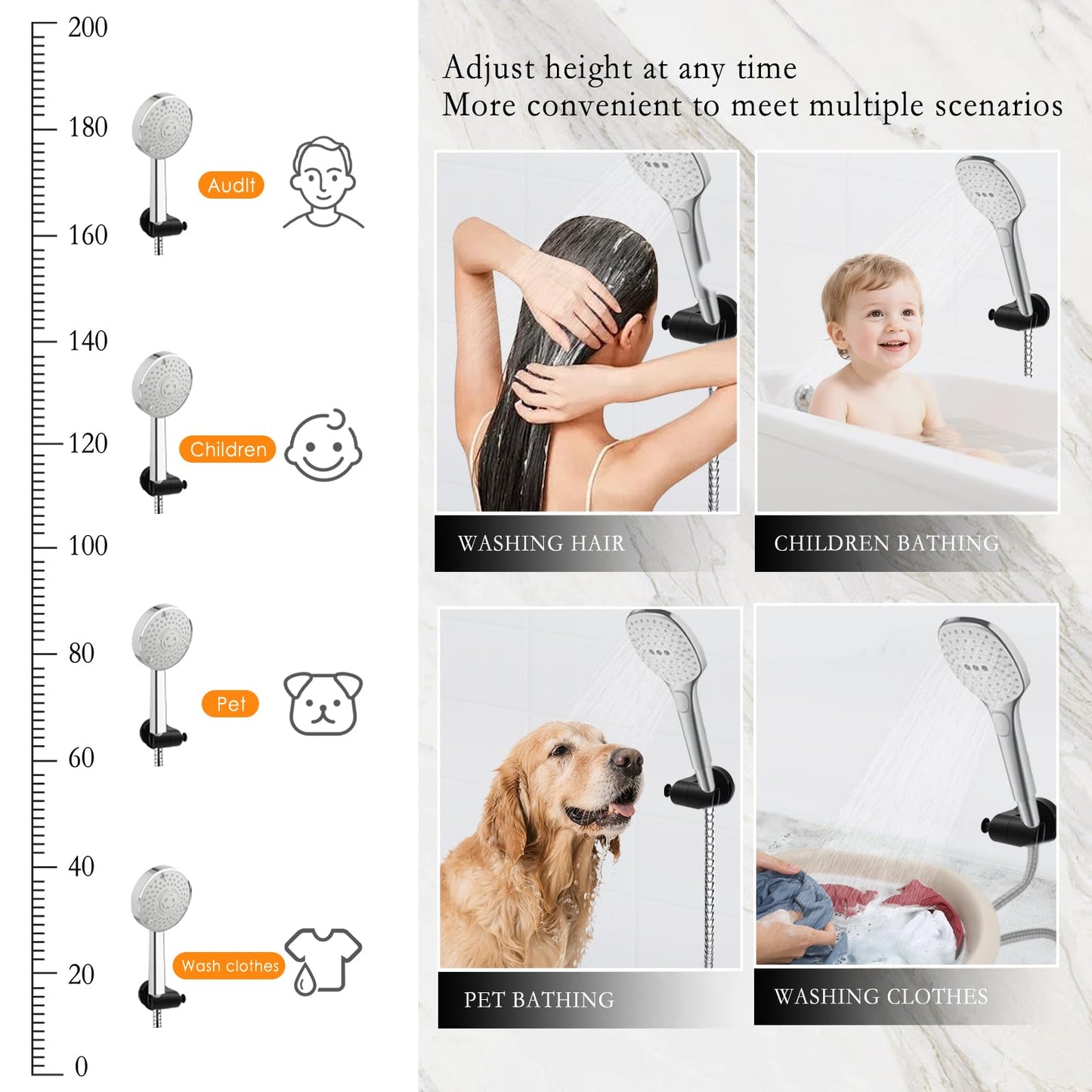 Shower Head Holder, Removable Suction Cup Shower Head Holder Wall Mount Adjustable Handheld Shower Head Bracket, Shower Heads Holder with Convenient Hook, Shower Wand & Hose Holder for Wall (Black)