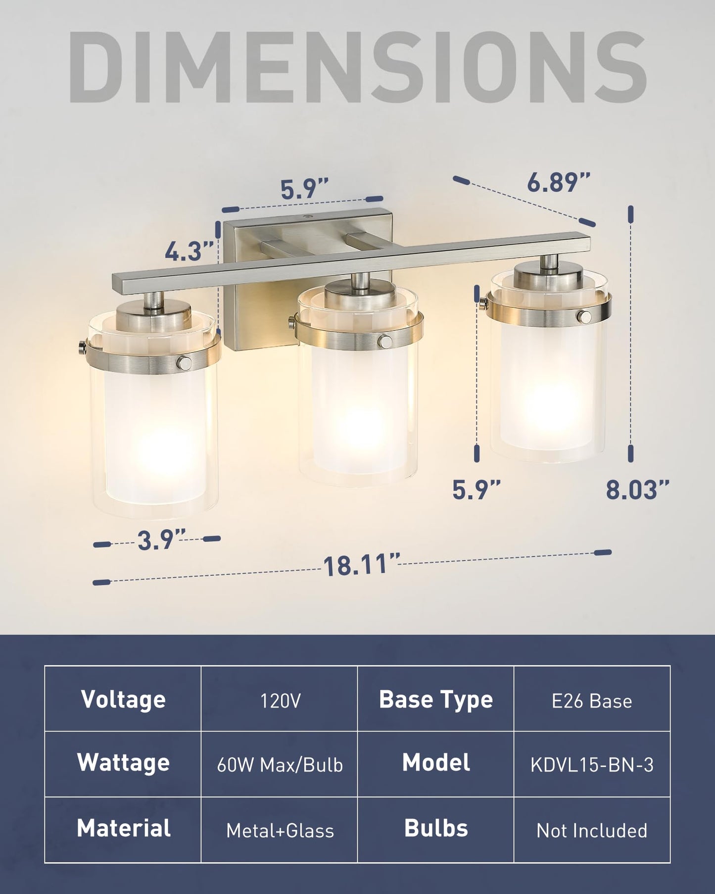 kudos 3-Light 18-inch Bathroom Light Fixtures Over Mirror, Brushed Nickel Vanity Lights with Dual Glass Shade, Wall Sconce, Modern Vanity Lights for Bathroom, Hallway, KDVL15-BN-3