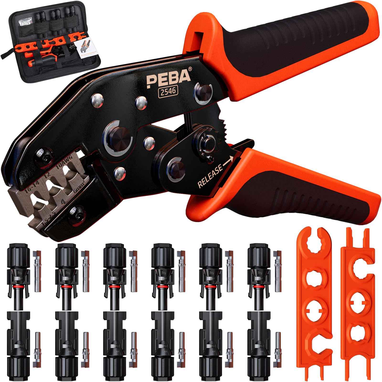 PEBA Crimping Tool Kit, Solar Crimper for AWG 16-10 Solar Panel Cable Wire, with 6 Pairs IP68 Solar Connectors and 1 Pair Solar Connector Spanner Wrench | Ratchet Crimp Tool Kit - Solar Installation