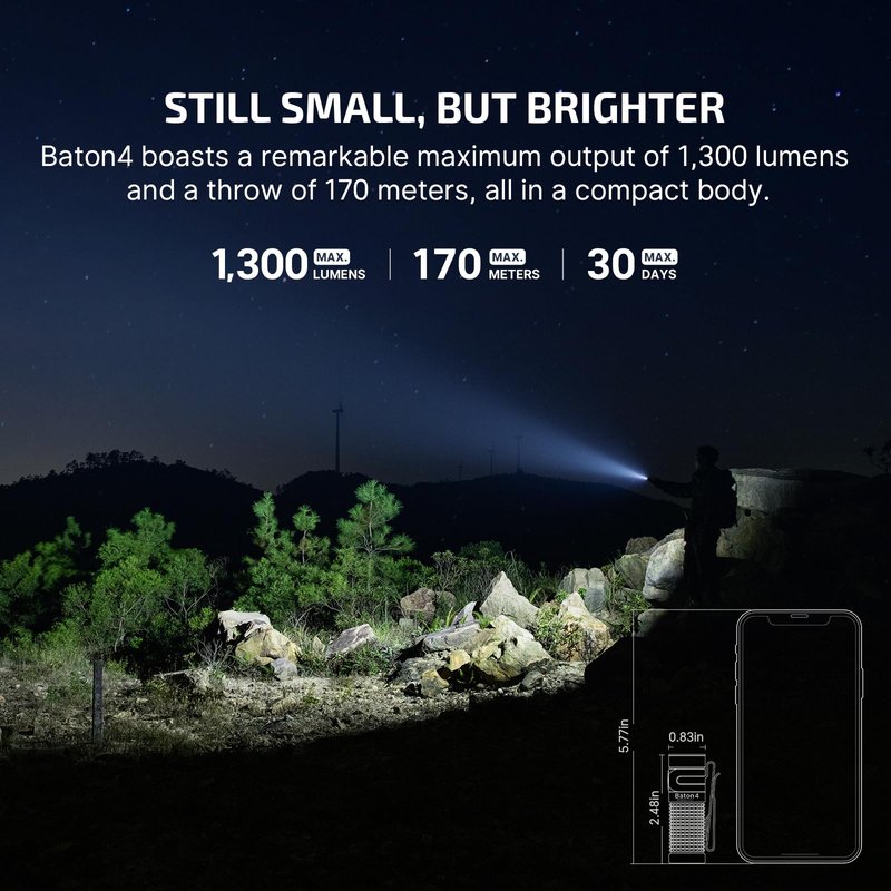 OLIGHT Baton4 Rechargeable EDC Flashlight, Bright Small Flashlight 1300 Lumens with MCC Charging Cable, IPX8 Waterproof, Multiple Modes Pocket Light for Home, Camping, and Emergencies (Orange)