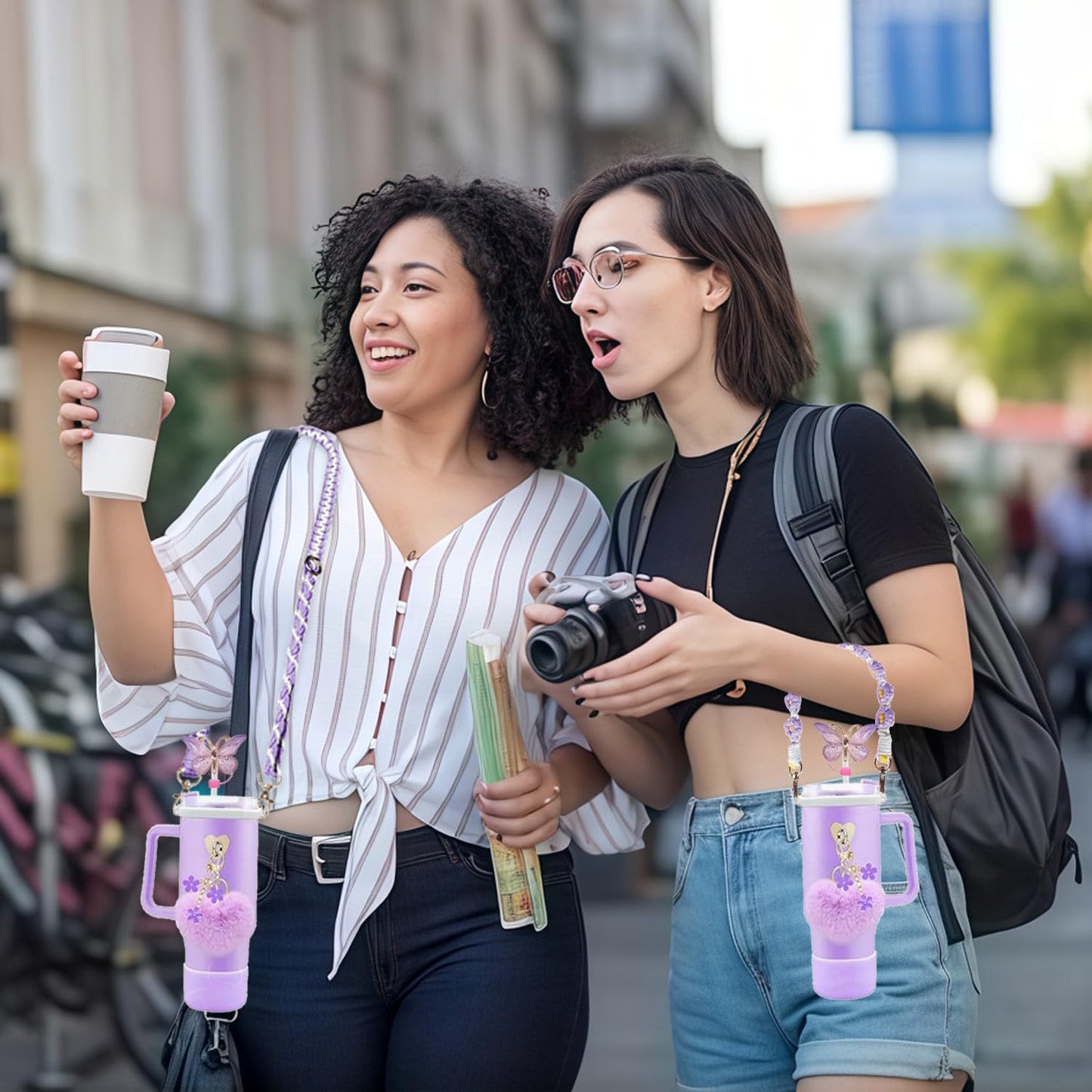 8PCS Stanley Cup Accessories Set, Adjustable Water Bottle Shoulder & Handle Strap, Glitter Protective Boot, Heart Shape Pompom Ball,Straw Topper Cover & Charms for Stanley 30oz 40oz Tumbler (Purple)