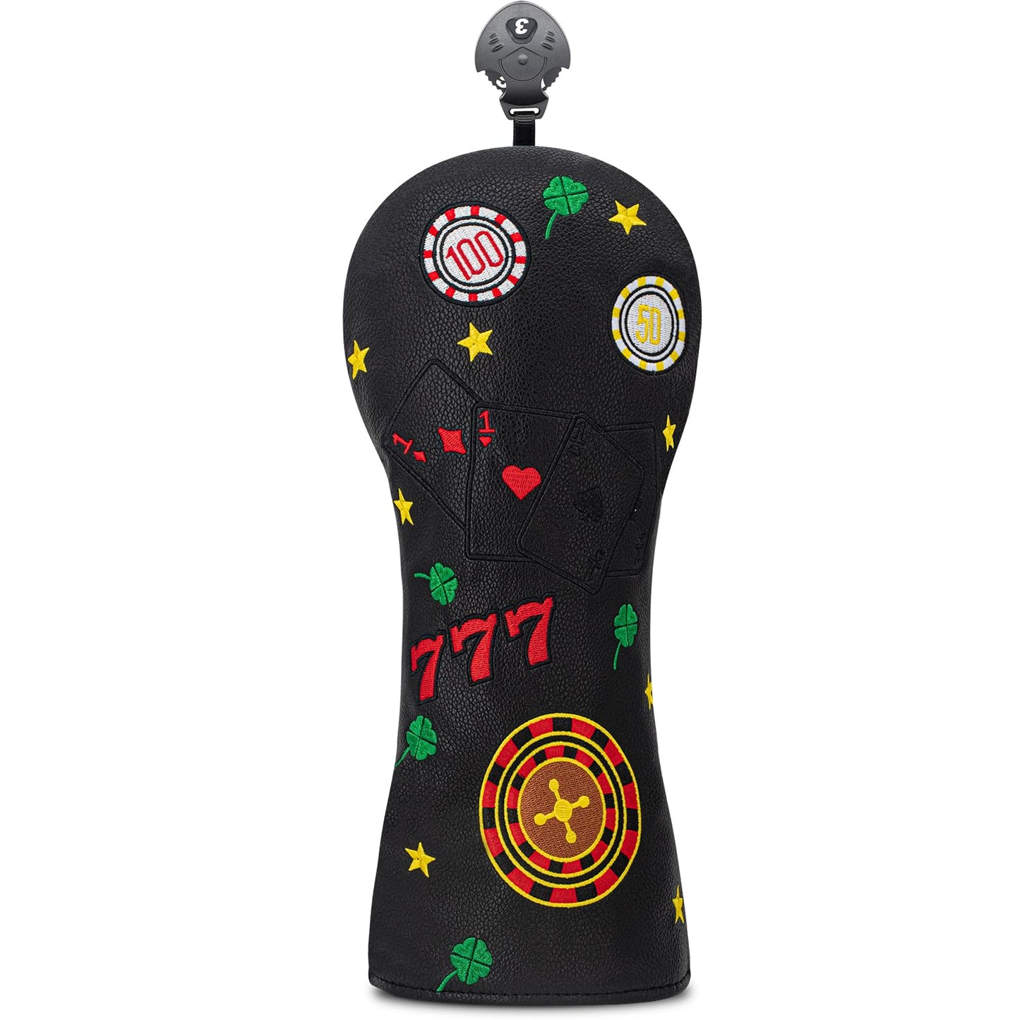 777 Playing Cards Funny Headcover - PU Leather Golf Club Cover with Embroidered Finish, Set Fits Driver Fairway Hybrid Woods (Black-Fairway)