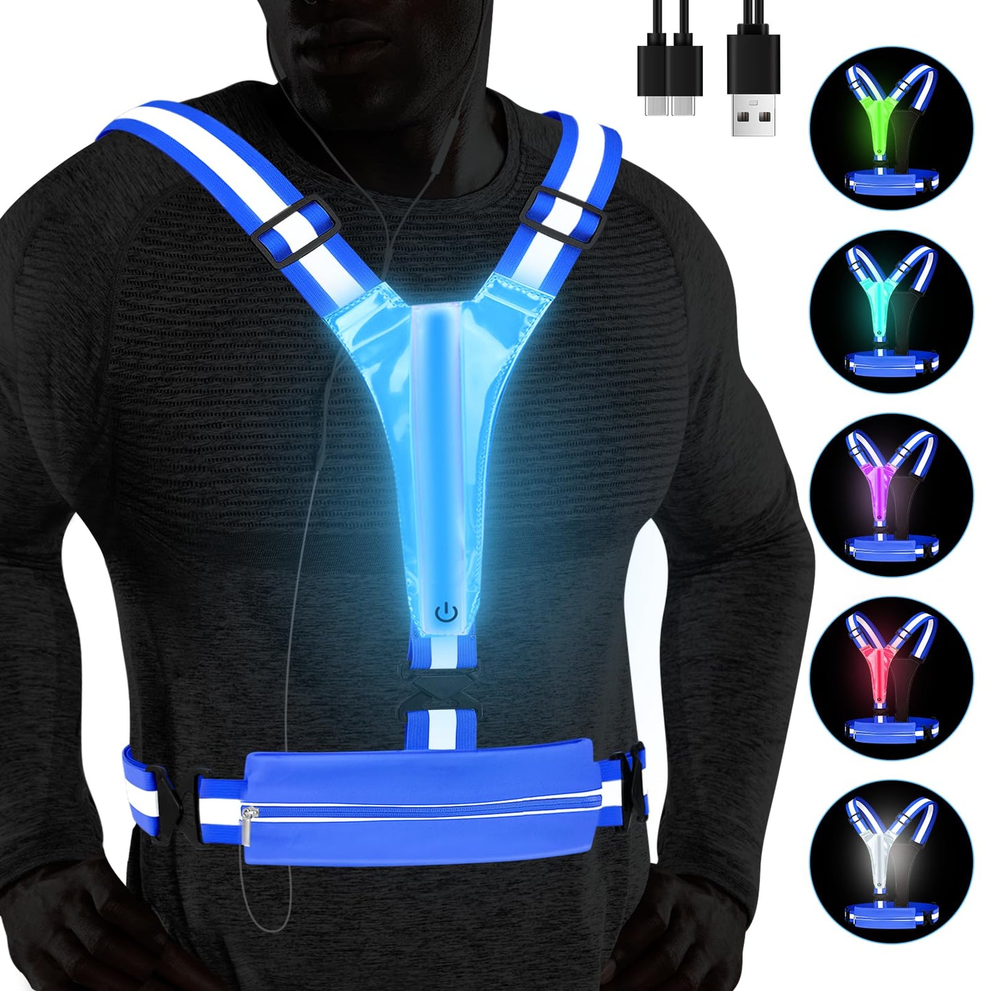 Fitense LED Reflective Running Vest, 5 Colors Light Up Running Vest Rechargeable Running Lights for Runners High Visibility Reflective Running Gear, Adjustable for Men and Women