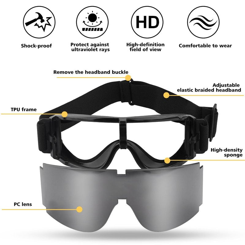 GGBuy Airsoft Tactical Goggles Military Glasses Outdoor Sports Adjustable Safety Shooting Glasses for Hunting (002 Black)