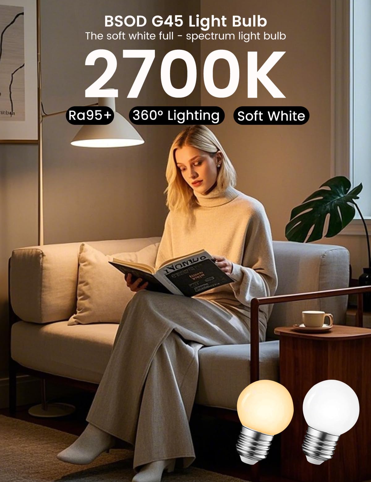 G45 LED Light Bulbs with E26 Base | 2700K Warm Soft White, Full Spectrum | 5W Eq 40W Appliance Bulbs for Refrigerator, Table Lamps, Home, Plants, Freezers & Chandelier (2 Warm White Bulbs)