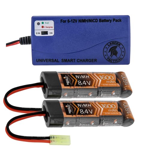 Lancer Tactical Battery Pack with Charger, 2 Pack 8.4V NiMH 1600m Ah Rechargeable Brick Battery Packs and Smart Charger for Airsoft AEGs