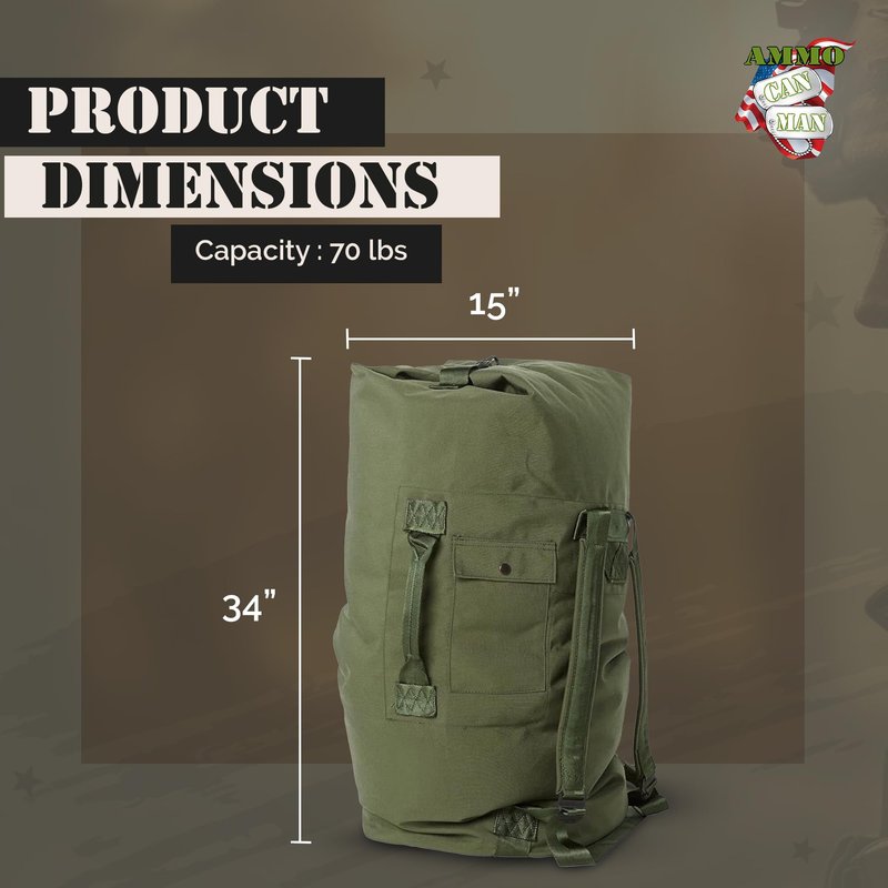 Olive Drab Green Military Style Duffle Bag – 70 lb Nylon Tactical Duffle Bag w/Padded Straps – Water Resistant Large Sport Bag for Travel, Gym, Camping, Hunting & Outdoor Gear