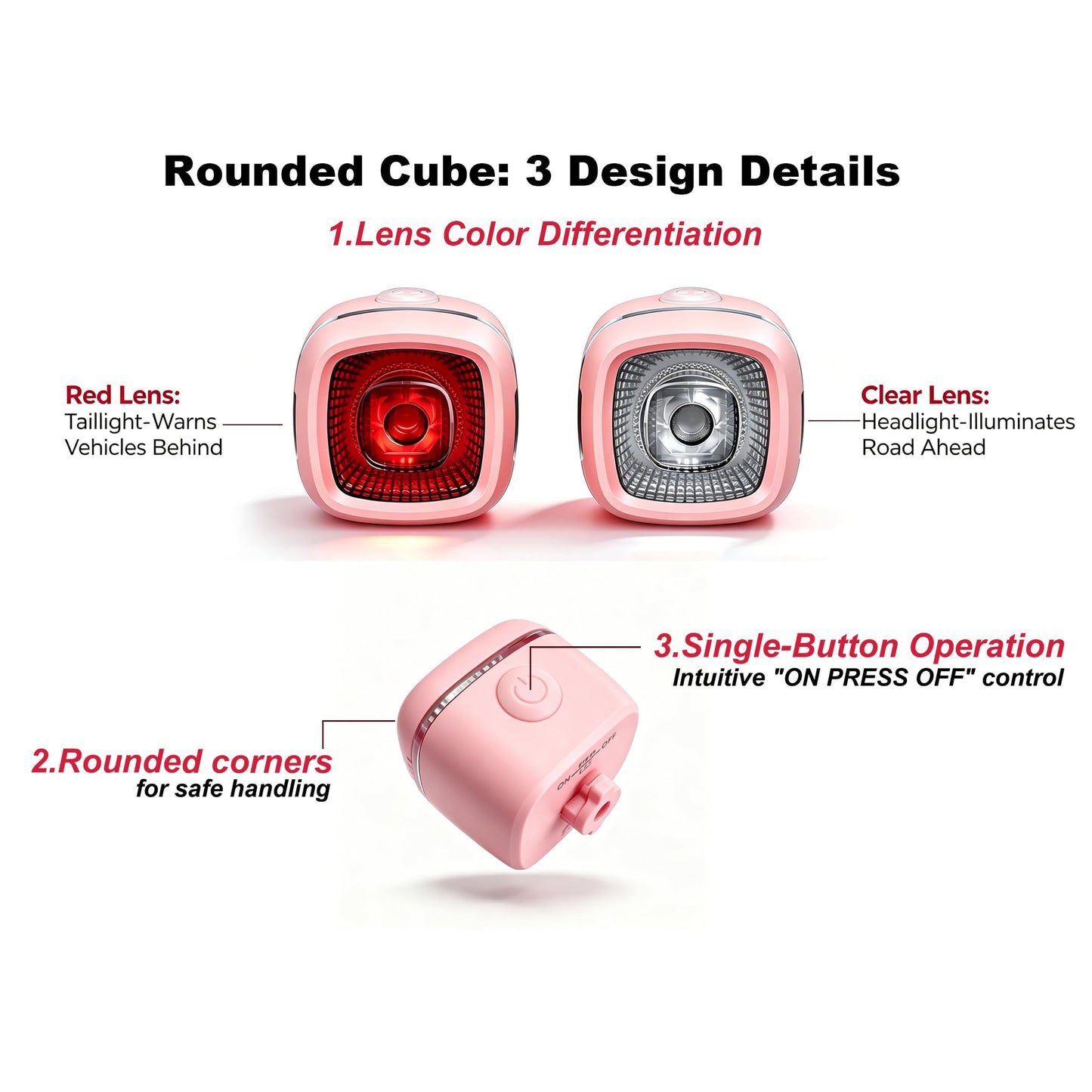 G2FS LITH Bicycle Front & Rear Lights, Type-C Rechargeable LED Bike Light Set, IPX6 Waterproof Flashlight for Night Riding, Safety Headlight Taillight, Kids Girls Children's Bicycle Accessories (Pink)
