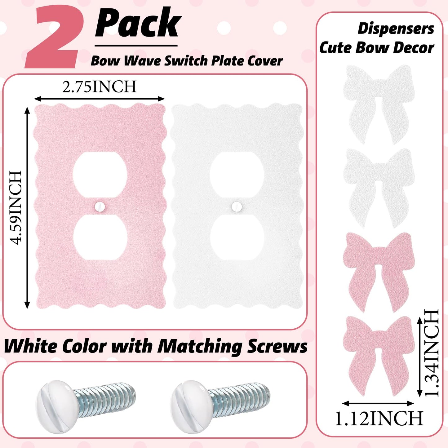 Relaxweex 2 Pcs Pink and white Duplex Outlet Covers Wall Plate Room Decor Metal Pink and White Cute Decorative Outlet Cover for Bedroom Home Decor(Bow)