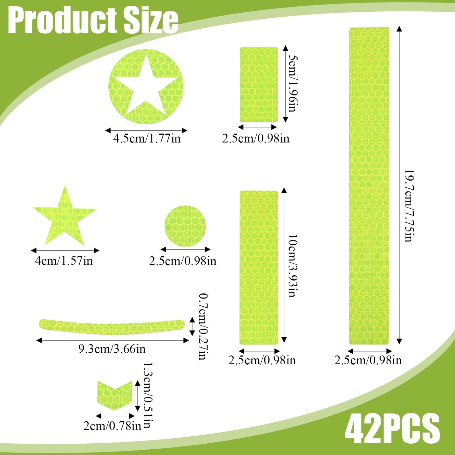 Prasacco 42Pcs Reflective Stickers, Helmet & Bicycle Safety Tape, Night Visibility Reflectors Bike Reflective Tape Car Reflector Sticker for Motorcycle, Scooter, Driveway, 8 Shapes(Green)