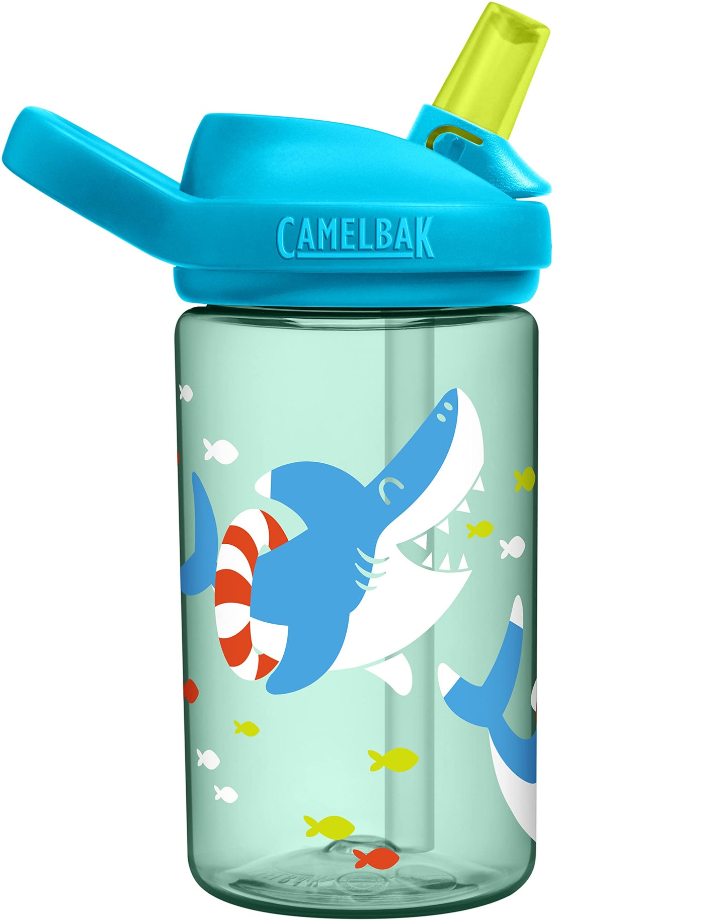 CamelBak Kids Eddy+ Bite Valve Straw Tritan Renew Water Bottle Summer Sharks, 14oz