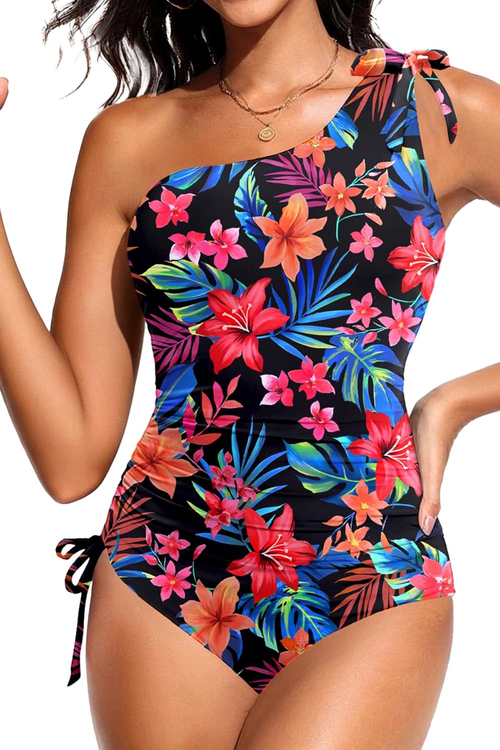 Skiennix One Shoulder One Piece Swimsuit - Tummy Control Bathing Suit with Ruched Design | Full Coverage Side Tie