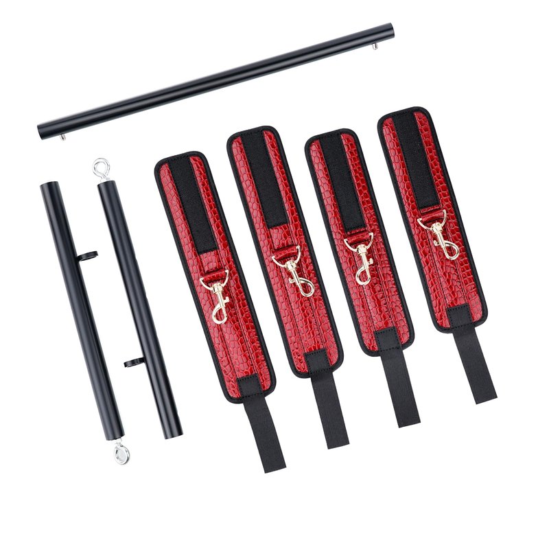 Portable Heavy Duty Stainless Steel Expandable Black Spreader Bar with 4pcs Red PU Crocodile Adjustable Straps,Workout Bar for Home Gym Training Bar,Exercise Detachable Pilates Kit