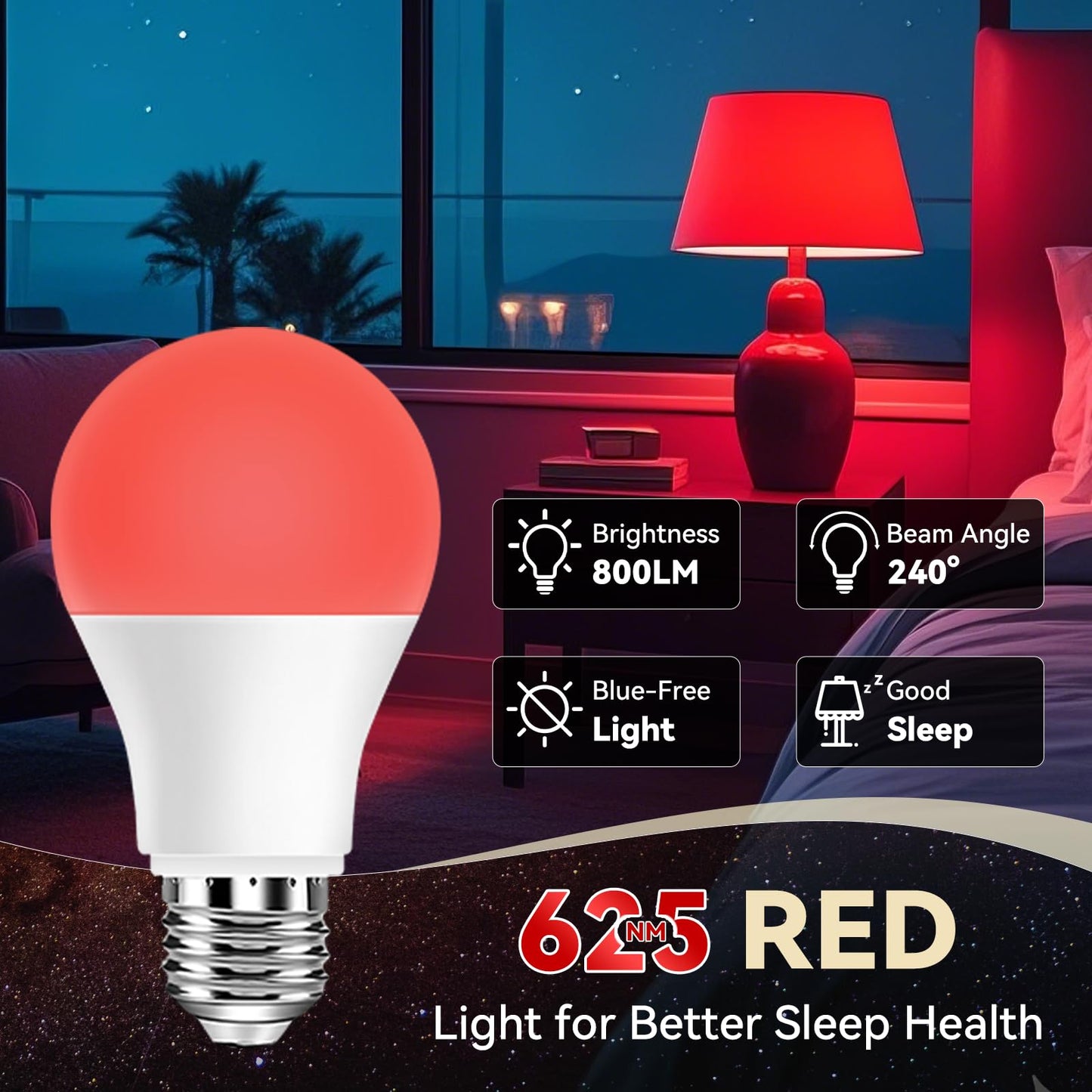 Neporal 625nm Red Light Bulb for Sleep, 100% Blue Light Blocking Light Bulb for Melatonin Promoting, A19 LED 9W 60W Equivalent Dim Red Night Light Bulb for Baby Nursery, Sleeping, Reading, 1-Pack