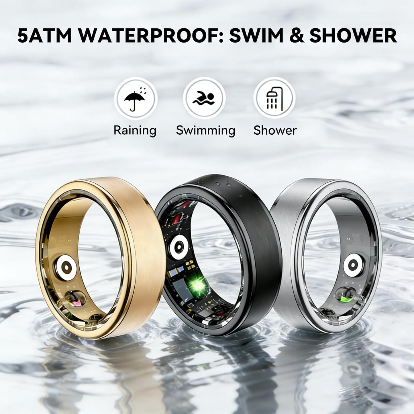 Smart Ring - 24/7 Fitness Tracker for Men & Women | Stress & Sleep Monitoring, Black, Size 8
