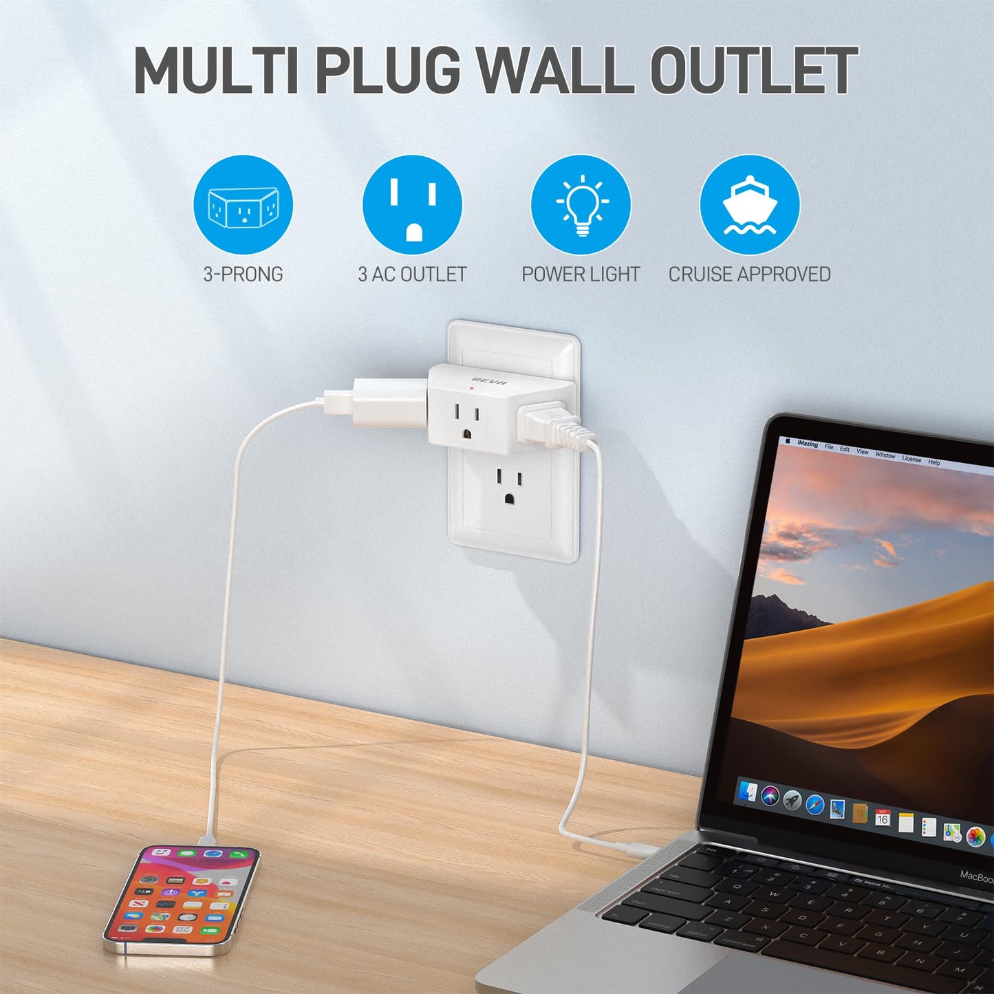 BEVA 2 Pack Small Electric Outlet Adapter, Multi Plug Wall Outlet Extender, 3 Prong Adapter 3 AC Plug Extender for Travel Cruise Ship Dorm Room essentials