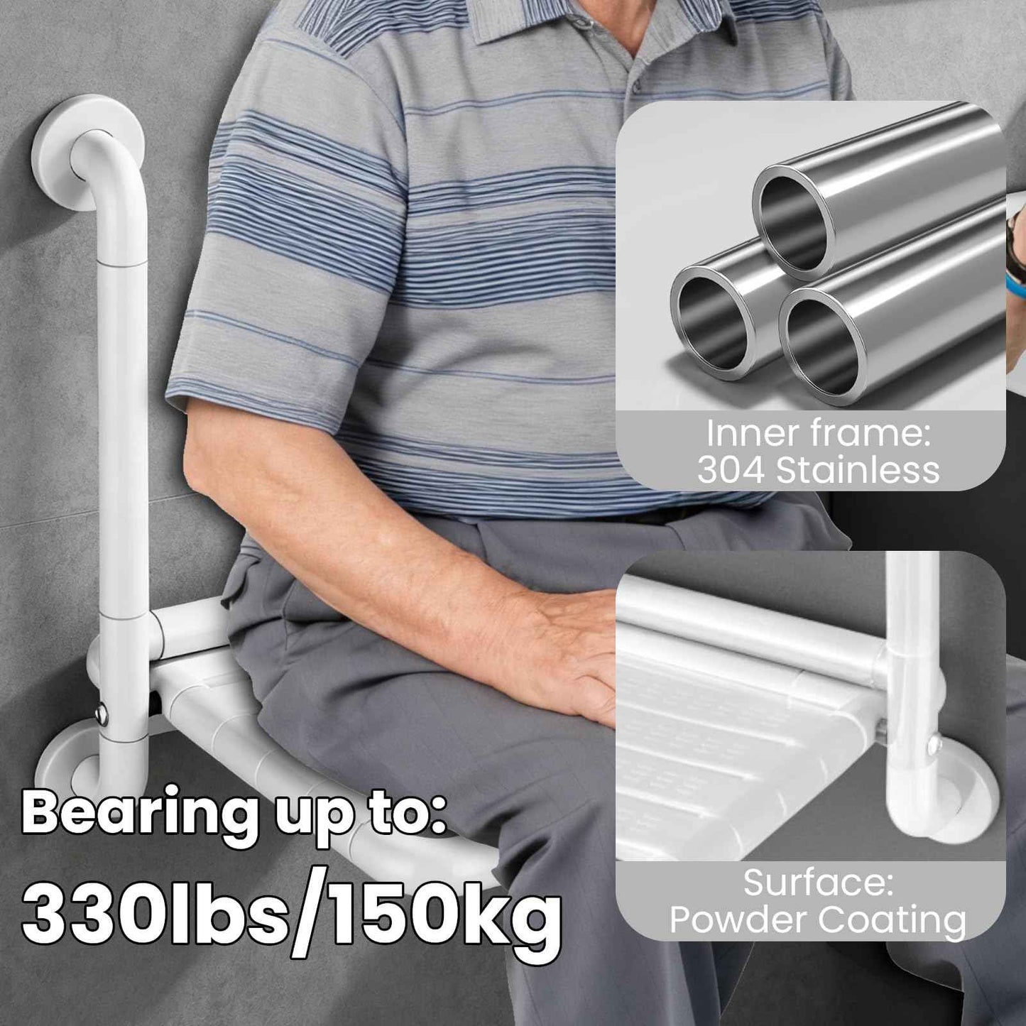 LELYFIT 16-Inch Wall Mounted Shower Seats with Armrests, Space-Saving Foldable Shower Bench for Small Bathrooms, Safety Wall-Mounted Foldable Shower Chair with Reflective Strips, Holds up to 330 lbs