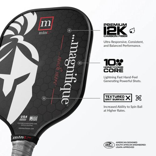 Mint Sport Magnifique Pickleball Paddle – 12K Carbon Fiber Pickleball Paddle with 10mm Polypropylene Core, Textured Spin Surface, PVC Edge Guard, USAPA Approved for Advanced Players