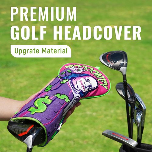 Big Crazy Unique Golf Head Covers - Franklin Funny Design - Driver Headcover with Waterproof Leather - Golf Club Protector and Practical Present
