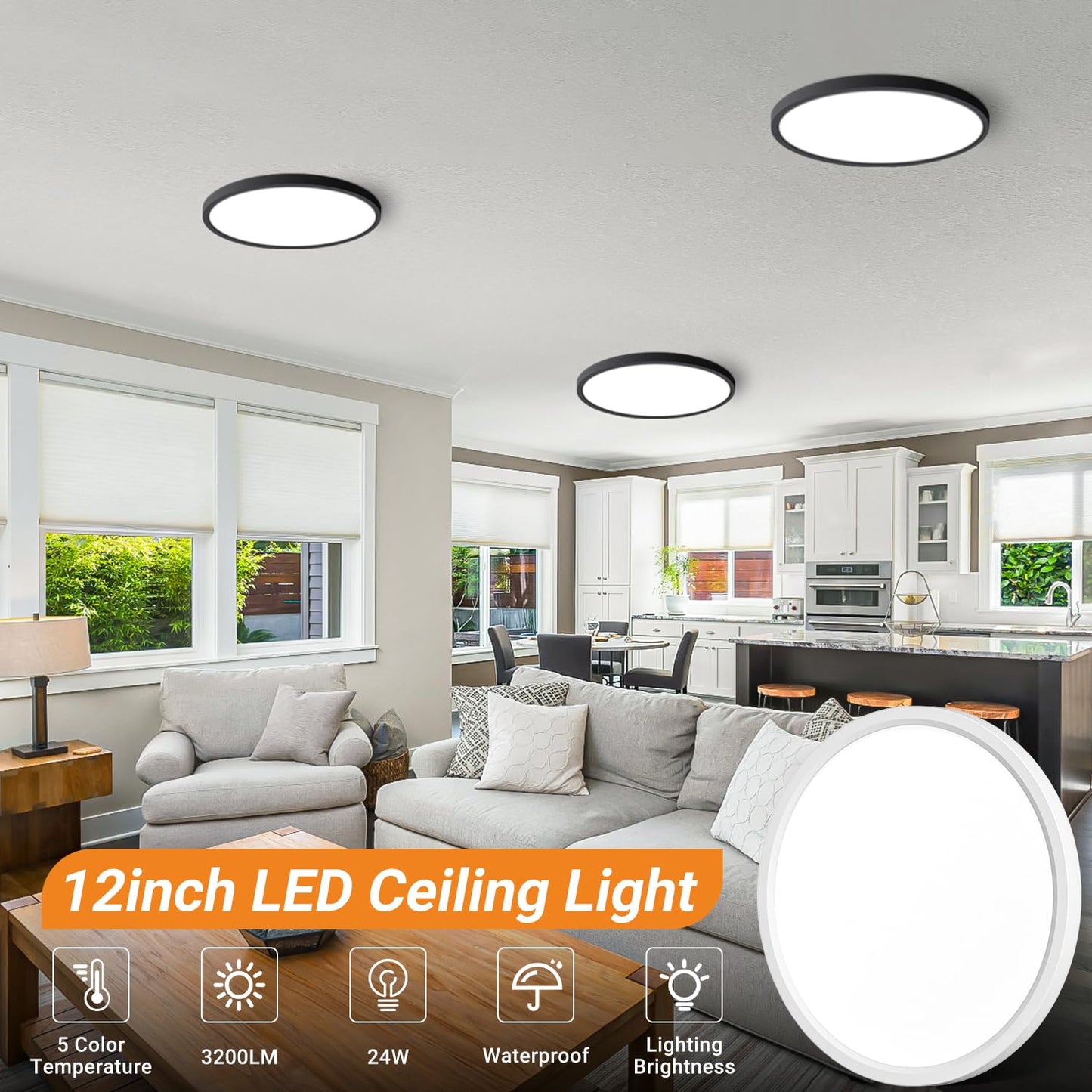 slochi 1Pack LED Flush Mount Ceiling Light Fixture, 12 Inch 24W, 3200LM, Super Slim 0.7 Inch, 3000K-6500K Adjustable Low Profile LED Ceiling Lights for Bedroom, Kitchen, Hallway(Black)