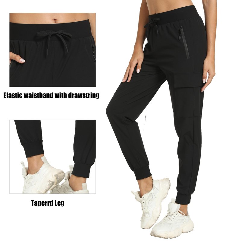 Women's Joggers with Pockets Lightweight - Water Resistant Quick Dry Cargo Athletic Pants for Hiking Running Camping Travel (Black, Large)