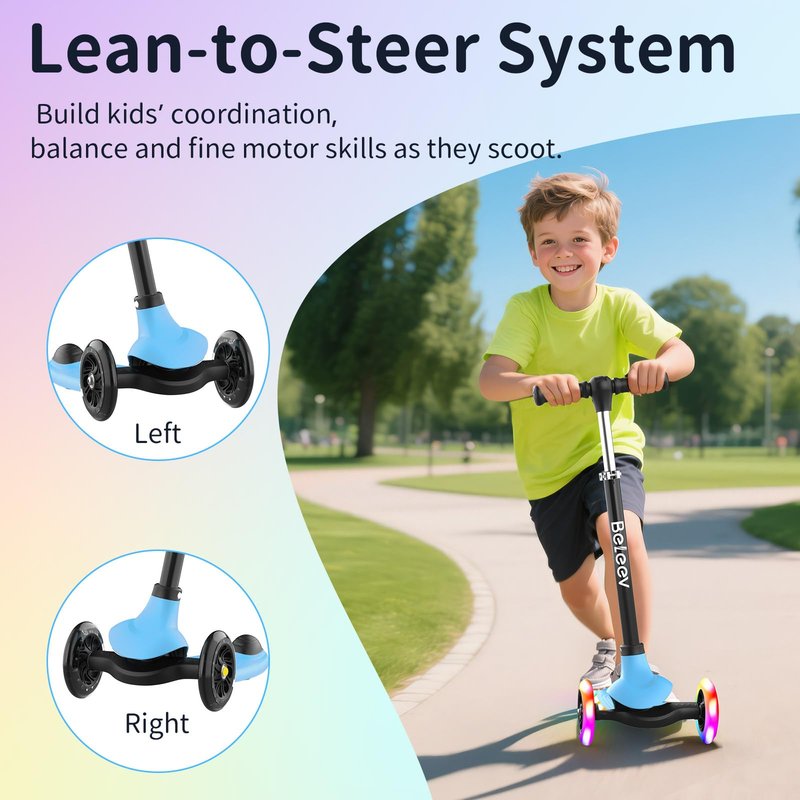 BELEEV A6 Kids Scooter with LED Light-Up Wheels & Deck, 3 Wheel Kick Scooter for Toddlers Girls Boys Ages 3-8, 4 Adjustable Handlebar, Lean to Steer, Non-Slip Deck, Lightweigh Scooter for Kids (Blue)