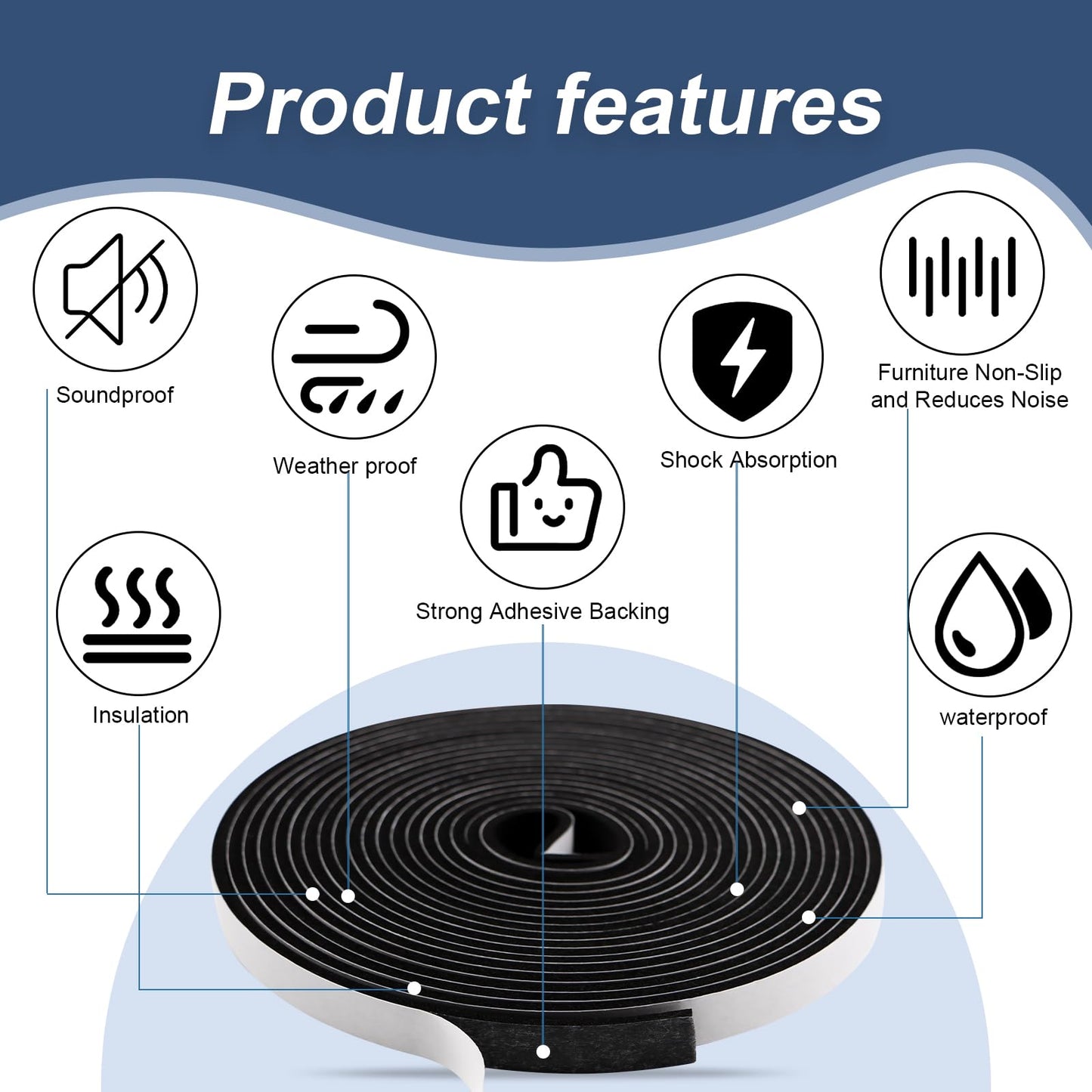 Weather Stripping Door Seal Foam Tape for Doors Windows 1/2 Inch W x 1/8 Inch T 50 FT Strong High Density Foam Insulation Strips Adhesive Tape