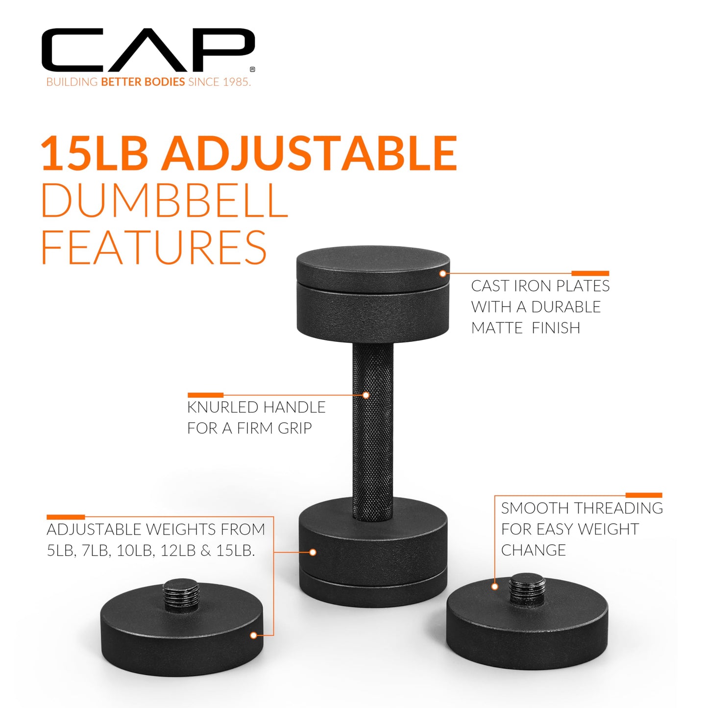 CAP Barbell 15 lb Adjustable Dumbbell – Compact Cast Iron Weight with Black Handle - Single