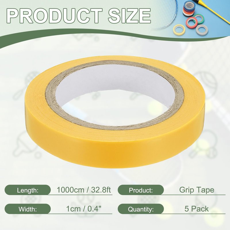 YELARXI Grip Fishing Tape, PVC Racquet Finishing Tapes Racket Accessories Sticky Seal - Fitting for (Tennis, Badminton, Squash), 5 Pack & 32.8ft & Yellow