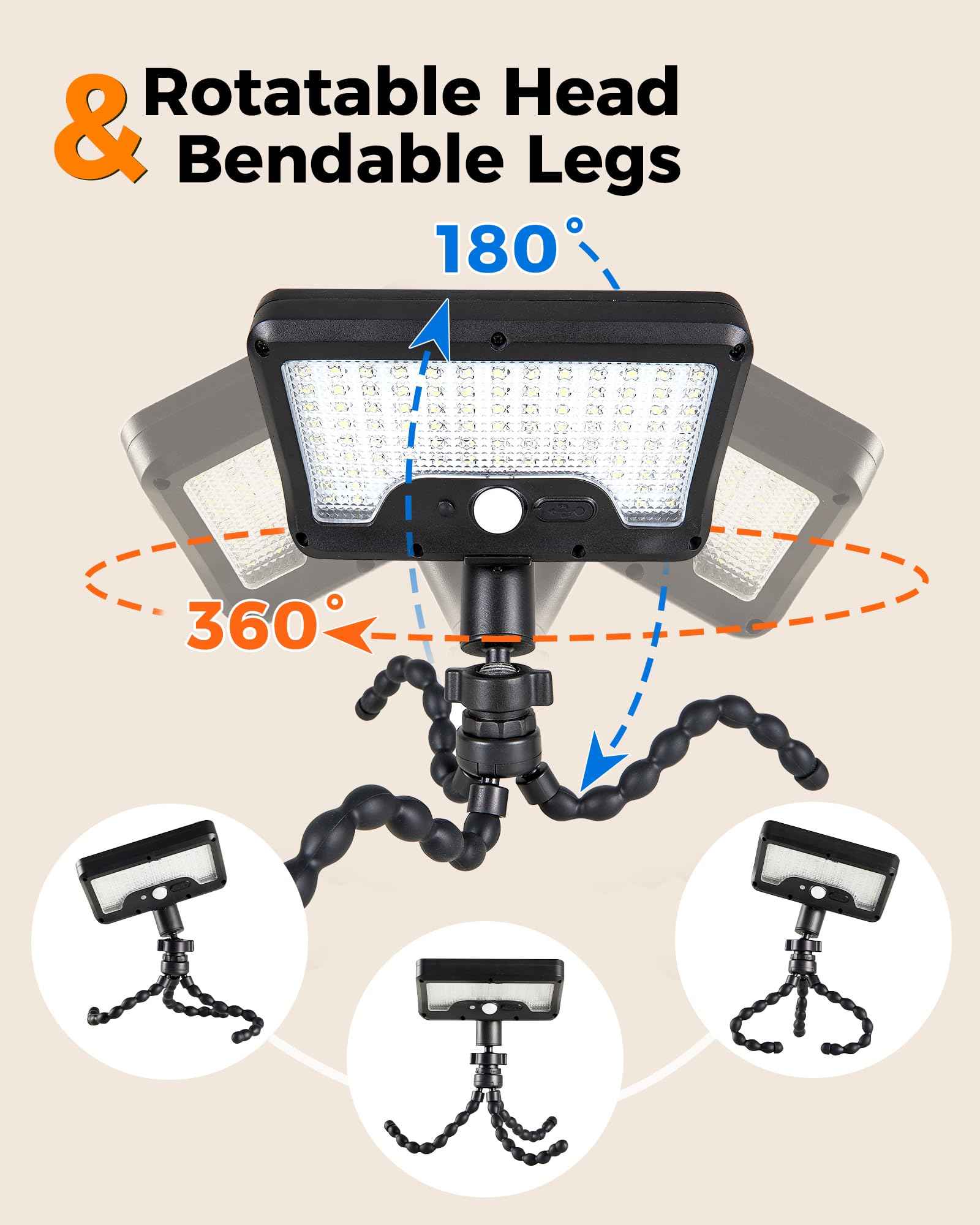 Thumok Solar Motion Lights Outdoor,600LM Motion Sensor Solar Light with Flexible Octopus Tripod,Dual Charging,Outdoor Sercurity Lights for Deck Fence, Garden,Camping,Patio (Black, 1)