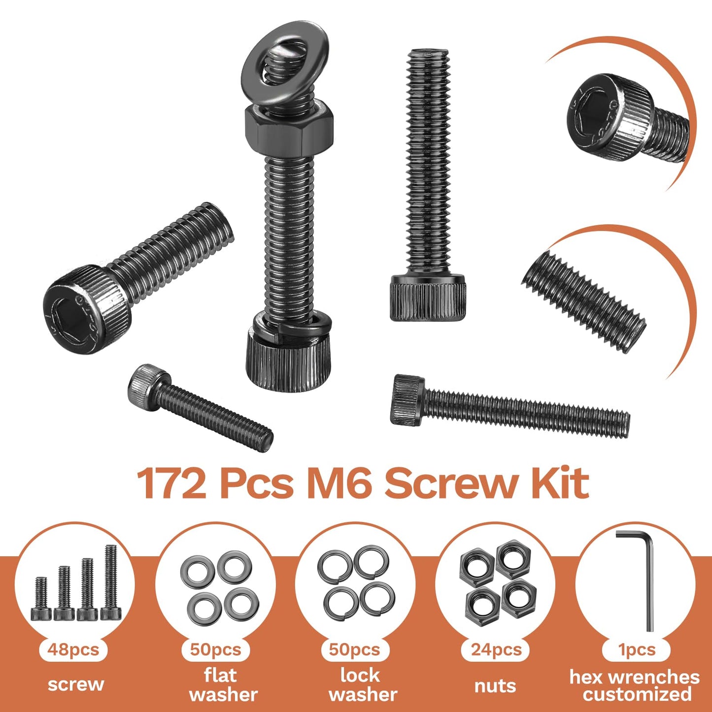 172 Pcs M6 Screws Assortment Kit, M6x 8/10/12/16/20/25/30/35mm M6 Bolts Kit 12.9 Alloy Steel Nuts and Bolts Assortment Kit Black Zinc Plated Hex Socket Head Screws Nuts Bolts and Washers Set