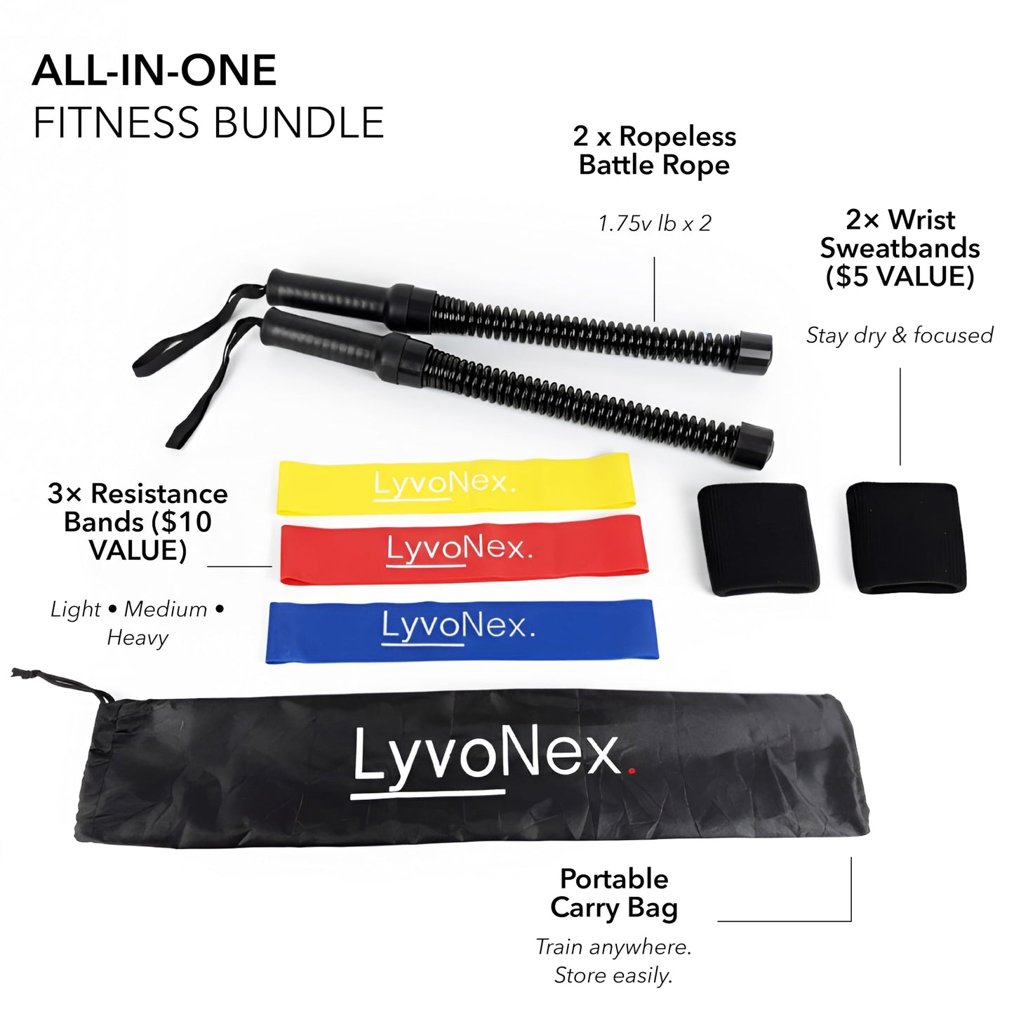 LyvoNex Ropeless Battle Ropes | Weighted Cordless Battle Rope Set for Home Workouts, HIIT Cardio & Weight Loss | Quiet Apartment Friendly Home Gym Equipment for Women and Men